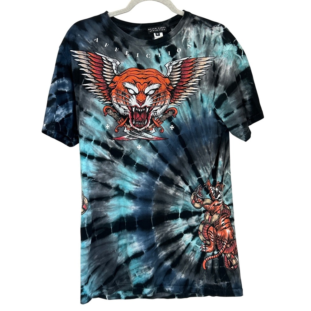 Affliction Black Label‎ Mens M Tiger Wing Rhinestone Tie Dye Graphic T-Shirt